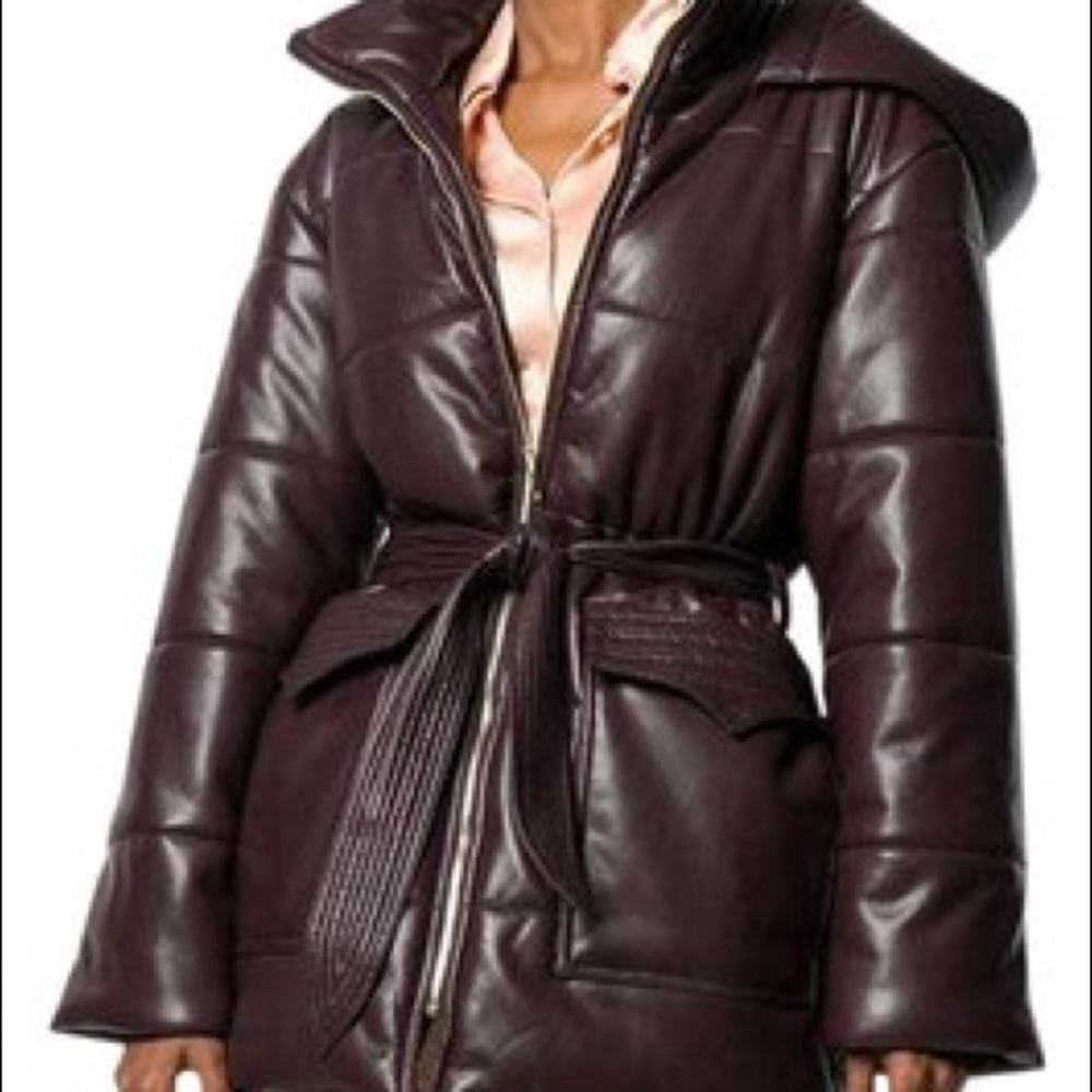 Nanuska burgundy Lennox puffer belted vegan leather jacket/coat.